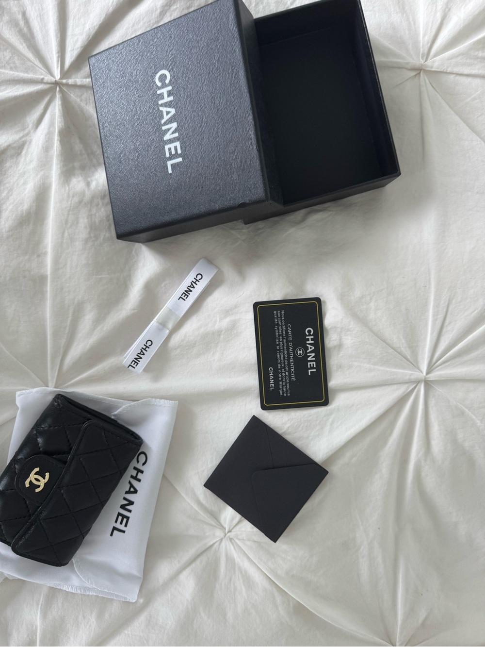 CHANEL Black Quilted Leather Card Case with Gold CC Emblem